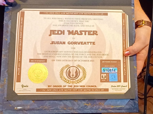 Susan Gorveatte's Jedi Master Certificate 