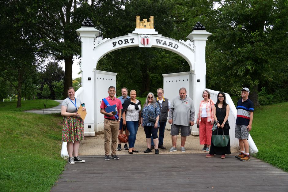 In front of one of the reconstructed gates 