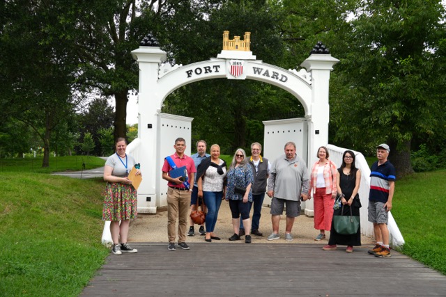 In front of one of the reconstructed gates 