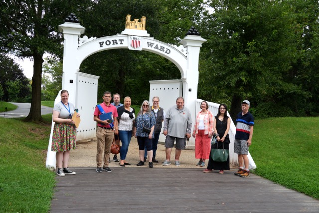 In front of one of the reconstructed gates 