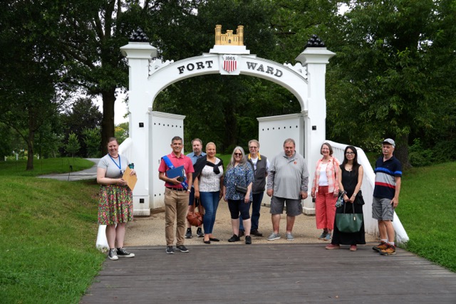 In front of one of the reconstructed gates 